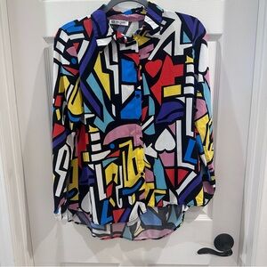Big Dart Womens 90s Retro Blouse Colorful Geometric Button-Up Shirt Medium